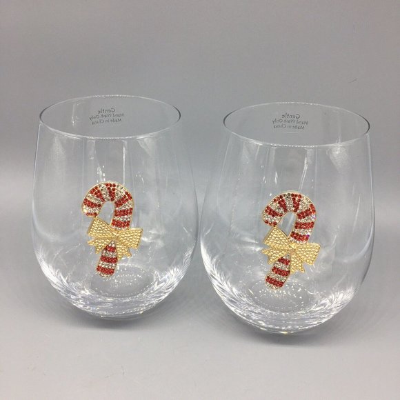 x2 Rhinestone Candy Cane Stemless Wine Glass Set Red Gold Bow Christmas Holidays - Picture 3 of 10